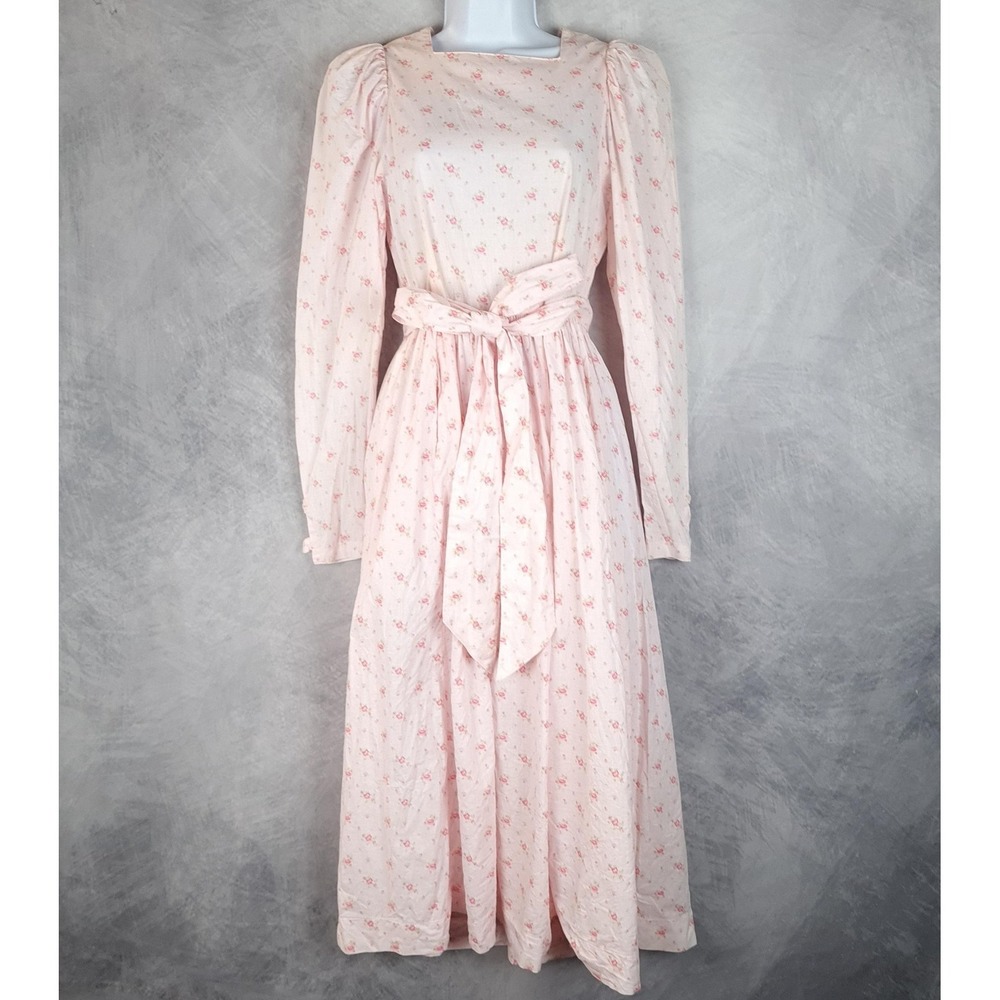 Vintage Laura Ashley Dress Womens 8 Pink Floral Cotton Prairie Maxi Puff Sleeve